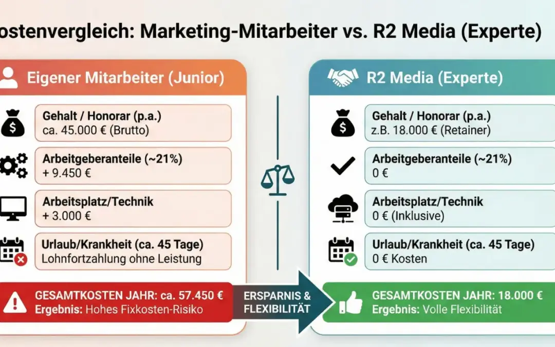 Infografik: Kostenvergleich SEO Mitarbeiter Festanstellung vs. R2 Media Agentur Retainer – Ersparnis von ca. 40.000 Euro